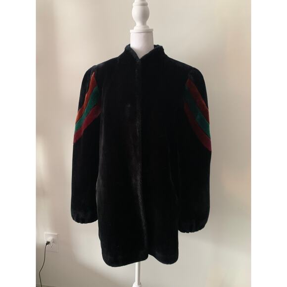 Sasosn Borgazia Jackets & Blazers - Vintage 80s Sasson Borgazi Faux Fur Black Coat Striped Sleeve Size 12